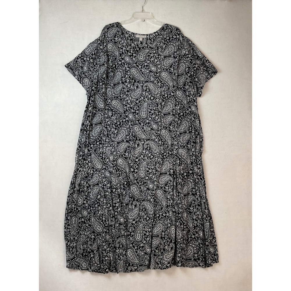 Woman Within 5X Petite Black White Paisley Tiered Rayon Maxi Dress Short Sleeve